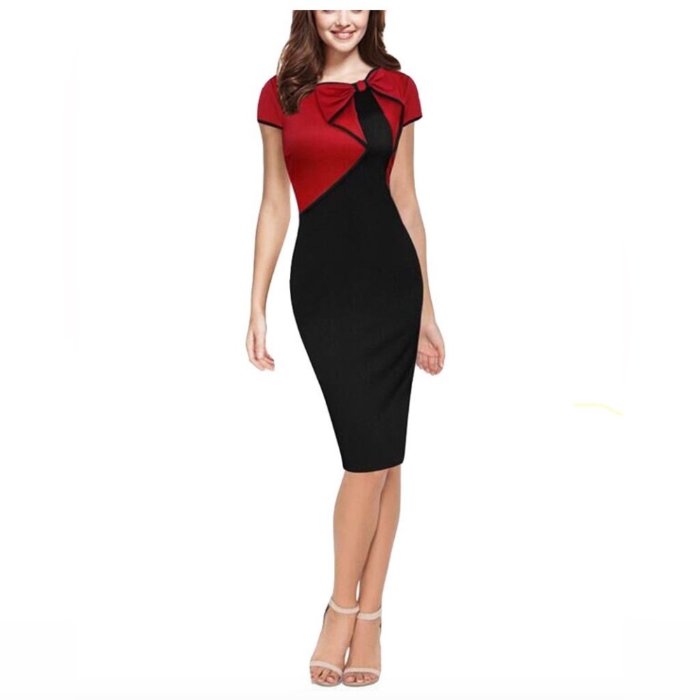 NWT Rephyllis Red & Black Cap Sleeve Sheath Bow Detail Small Dress.   2961-K